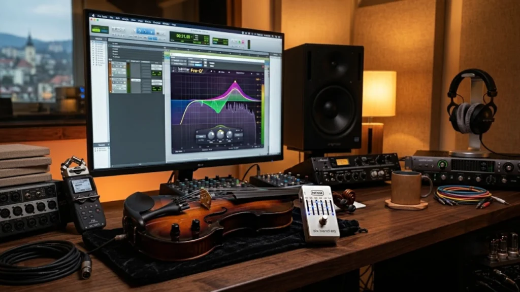 estudio de grabación ecualizando un violin electrico