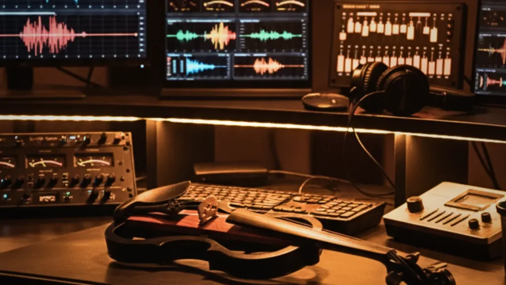 electric violin on a studio desk